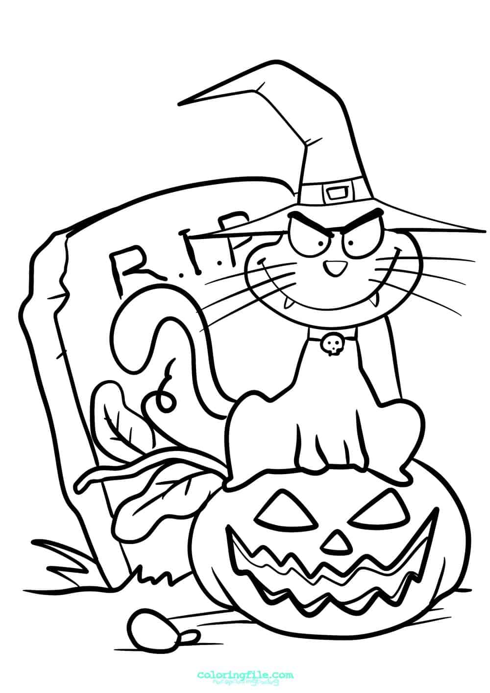 Halloween cat and pumpkin on a grave coloring pages