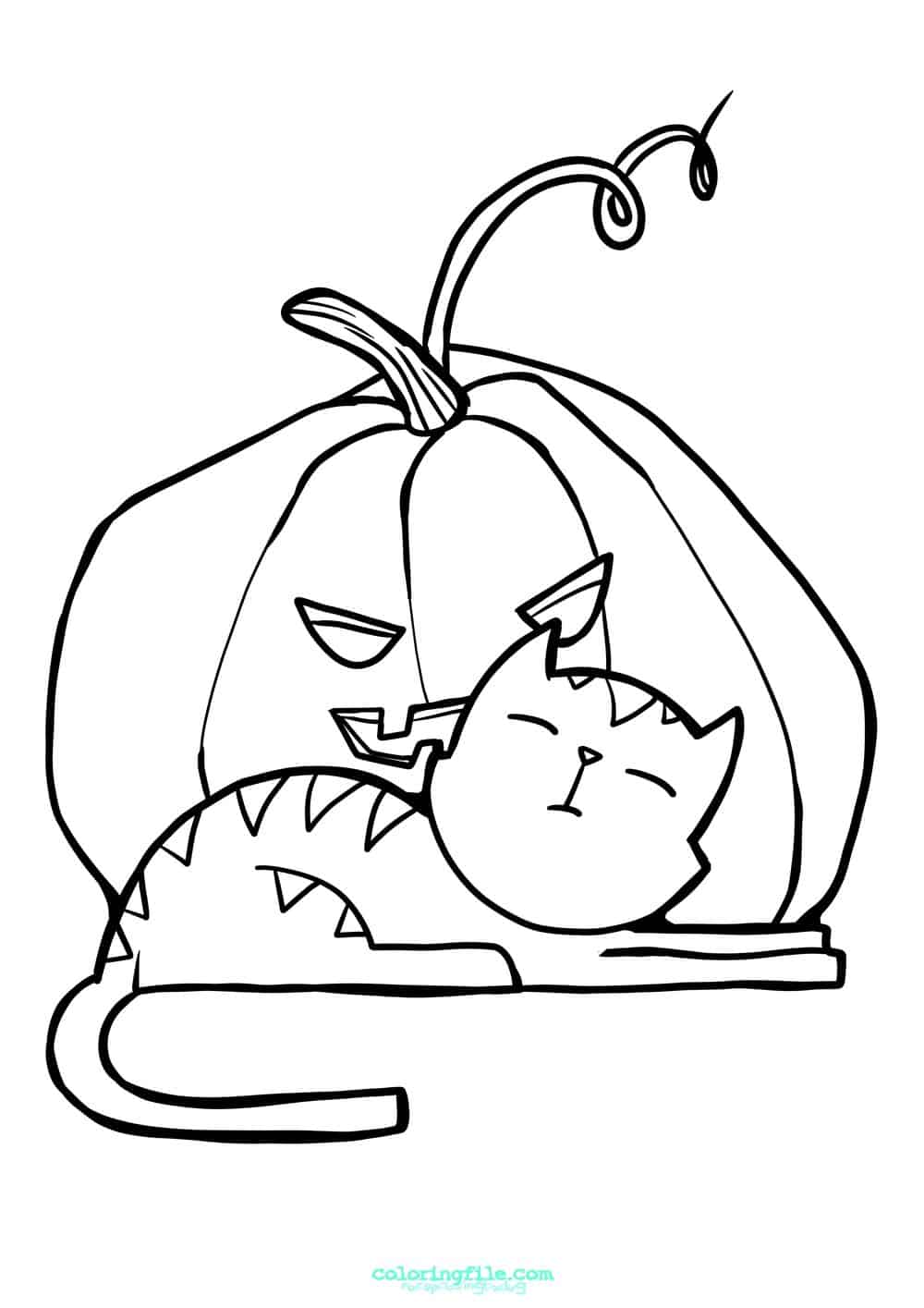 Halloween cat cuddling pumpkin coloring pages