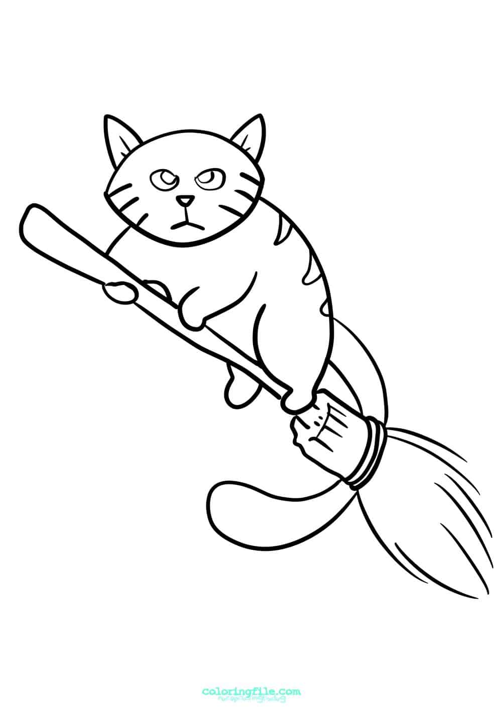 Halloween cat flying with broomstick coloring pages