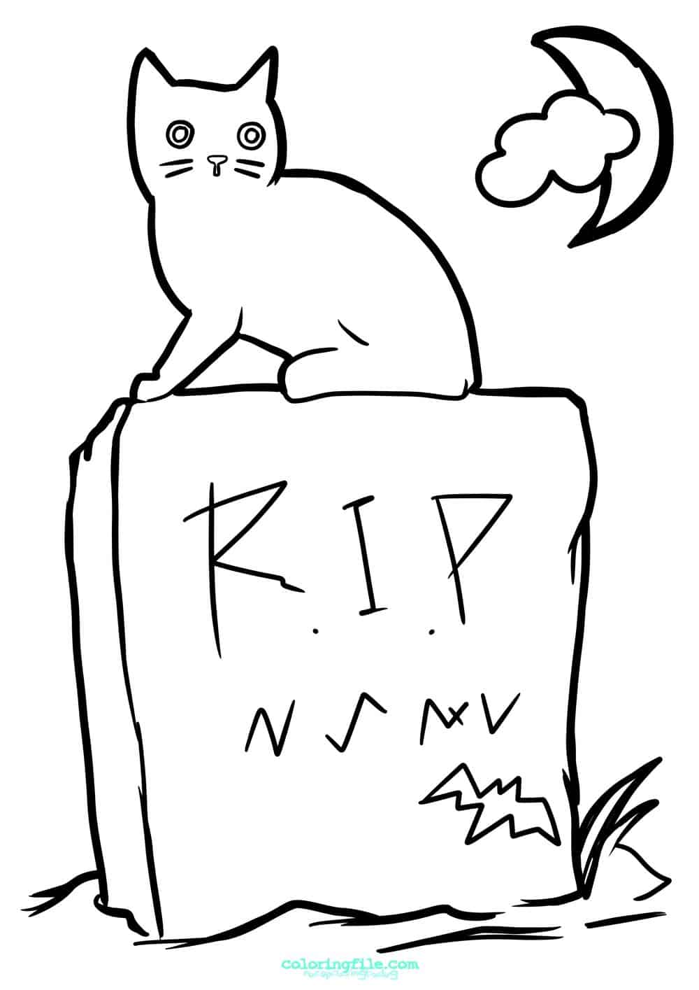 Halloween cat on gravestone coloring pages