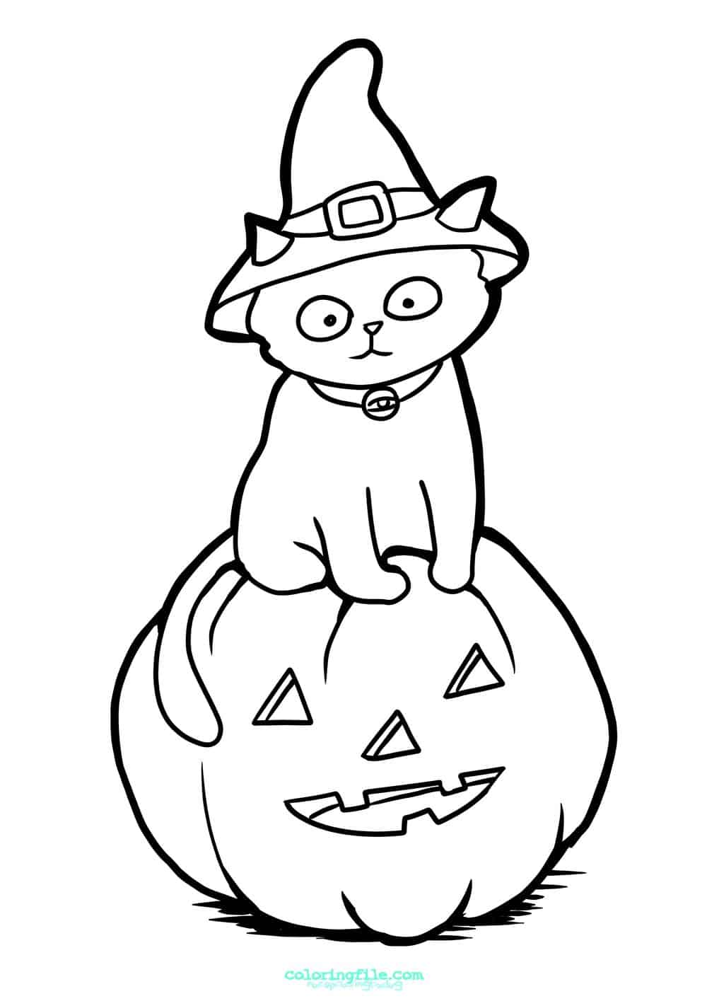 Halloween cat with sitting on pumpkin coloring pages