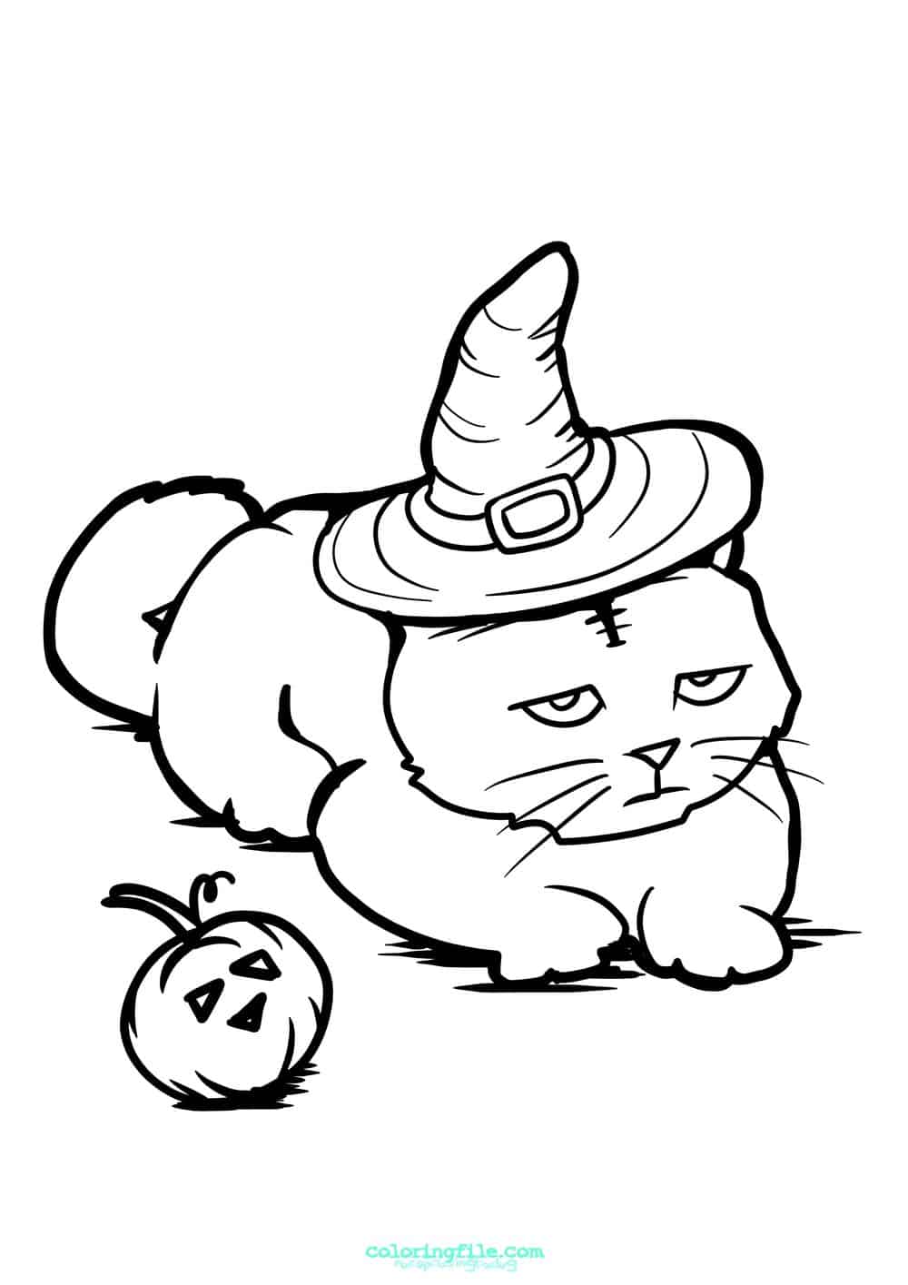 Halloween cat with witch hat coloring pages