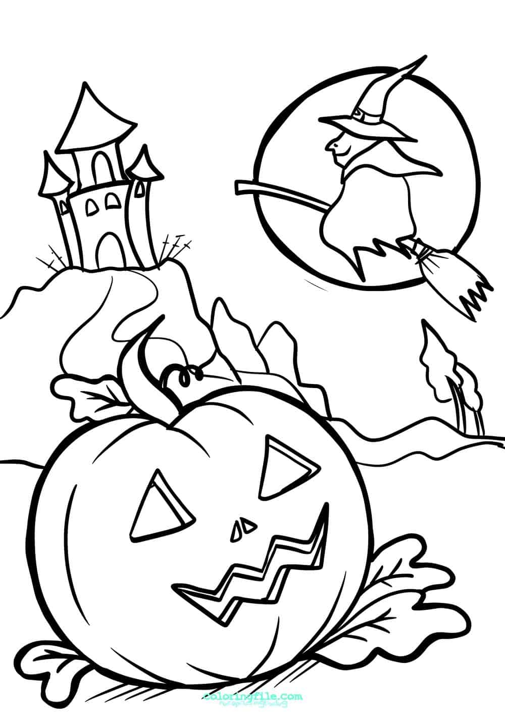 Halloween pumpkin coloring pages and witch