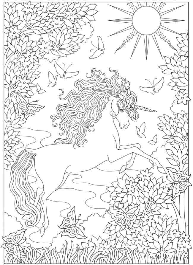 Unicorn In Nature Coloring Page For Adults