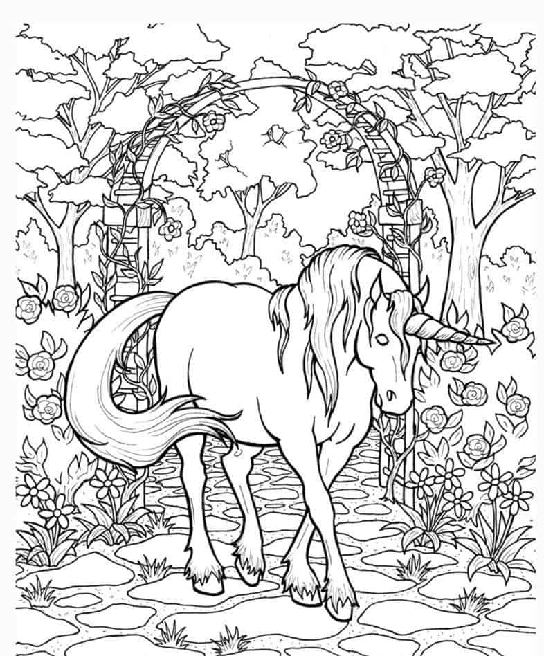 Unicorn In The Garden Adult Coloring Page