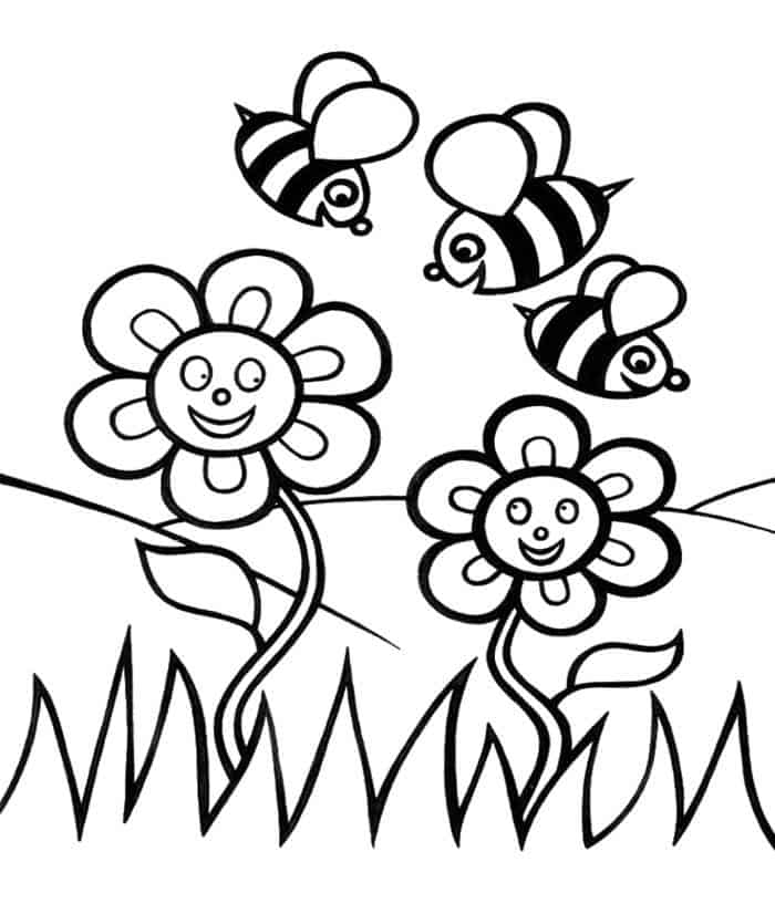 Kids Printable Coloring Pages Flowers And Bumble Bee